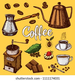 Traditional Filter Coffee Maker. Modern vintage elements, percolator, plants, grain and kettle for the shop menu. Vector illustration. engraved hand drawn in old sketch for card, badges, labels.