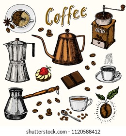 Traditional Filter Coffee Maker. Modern vintage elements, percolator, plants, grain and kettle for the shop menu. Vector illustration. engraved hand drawn in old sketch for card, badges, labels.