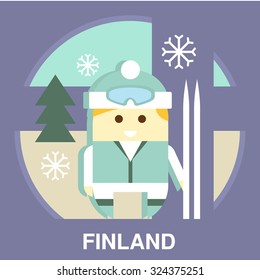 Traditional Finland representative with ski in flat style, vector illustration 