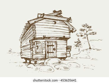 Traditional finnish old rural house in the countryside. Hand drawn vector illustration in vintage style.