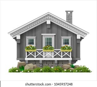 Traditional Finnish Scandinavian wooden house. A hotel or a sauna. House for greeting card or illustration. Vector graphics