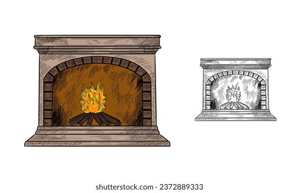 Traditional fireplace with a burning fire. Sketch. Engraving style. Vector illustration.