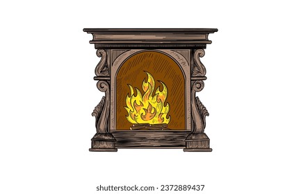 Traditional fireplace with a burning fire. Sketch. Engraving style. Vector illustration.