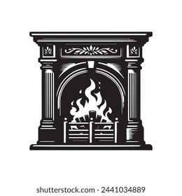 Traditional Fireplace Silhouette - Cozy Home Hearth Icon on White Background