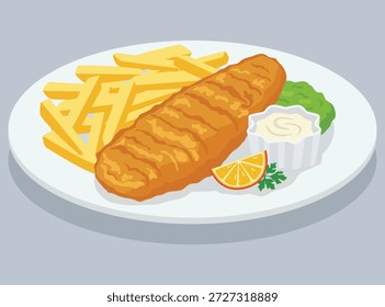 peixe tradicional e batatas fritas em uma placa branca. Apresentando peixe com massa crocante, batatas fritas, ervilhas pastosas, molho de tártaro e uma cunha de limão