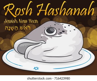 Traditional fish head dish for Rosh Hashanah (written in Hebrew) or Jewish New Year celebration symbolizing the new beginnings with bokeh effect in the background.