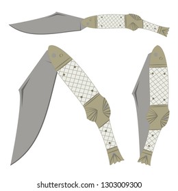 Traditional fish shaped hungarian folding knife isolated vector designs with detailed inlays in the handles.