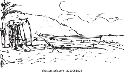 Traditional fishing boat near the hut on the sea beach against the background of the seashore cliff, Venezuela. Linear drawing with a fountain pen