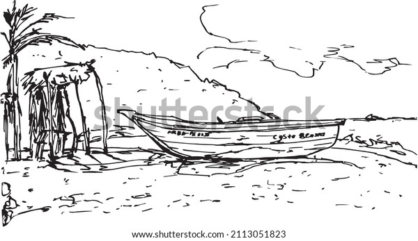 Traditional fishing boat near the hut on the sea beach against the background of the seashore cliff, Venezuela. Linear drawing with a fountain pen by Andrei Kolesov