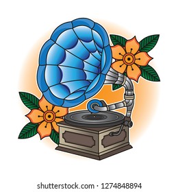 traditional flash tattoo gramophone, vector EPS 10