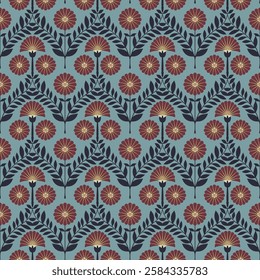 Traditional Floral Art Seamless Pattern with Deep Red and Blue Accents