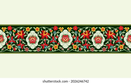 Traditional Floral Border. Ornamental Floral Print for Textile Digital Design Dark Green