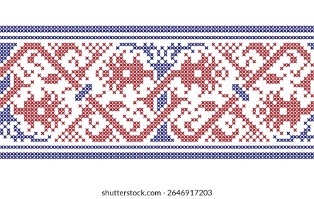 Traditional Floral cross-stitch Embroidery Geometric Slavic ethnic seamless pattern. Vector Illustration