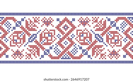 Traditional Floral cross-stitch Embroidery Geometric Slavic ethnic seamless pattern. Vector Illustration