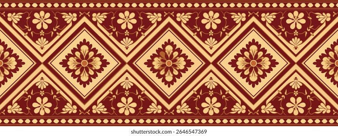 Traditional floral damask tile border pattern illustration in maroon and beige, inspired by vintage ornamental design.