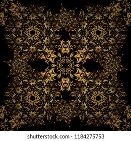 Traditional floral decor. Ornamental pattern for invitations, greeting cards, wrapping. Decorative golden seamless pattern on a black background. Vector ornate elements for design.