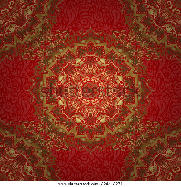 Traditional floral\
decor. Ornamental pattern for invitations, greeting cards,\
wrapping. Vector ornate elements for design. Decorative golden\
seamless pattern on a red\
background.