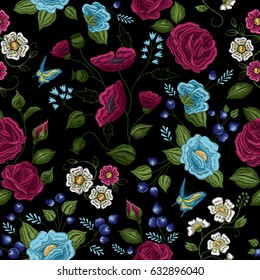 Traditional floral folk style embroidery seamless pattern design in purple green white blue on black background vector illustration 