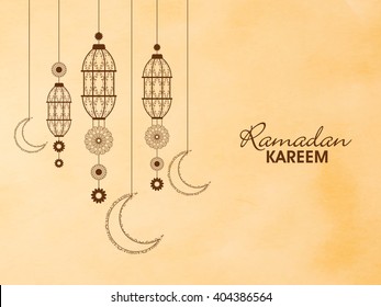 Traditional floral lanterns with crescent moons on beige background for Holy Month of Prayers, Ramadan Kareem celebration.