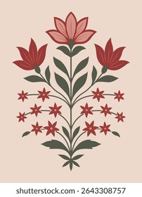Traditional Floral Motif with Red Flowers and Green Leaves in Ethnic Decorative Art Style.
