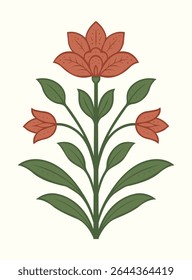 Traditional Floral Motif with Red Flowers and Green Leaves in Ethnic Decorative Art Style.