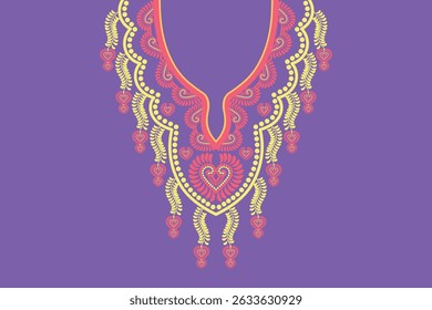Traditional Floral Neckline Embroidery Vector – Ornamental Heart Motif Design on Purple Background