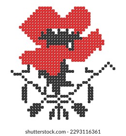 Traditional floral ornament of Ukrainian embroidery with a cross, black and red thread, amulet, in the form of a branch with red flowers for the design of women's clothing
