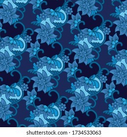 Traditional floral pattern batik drawing with dots and curly lines.