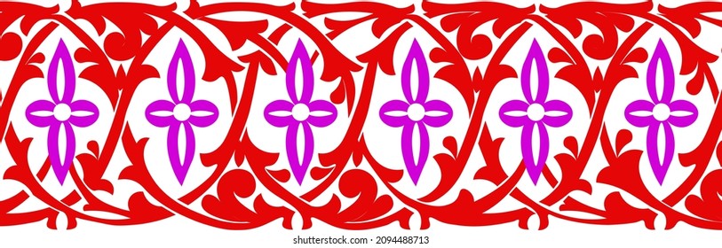 traditional floral pattern dominated by color red. the flowers in de middle circle are purple