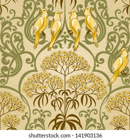 Traditional floral pattern in retro style with birds and curls.