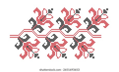 Ornamento tradicional floral repetido vermelho e preto em estilo frisado, padrão da região de Dnipro da Ucrânia