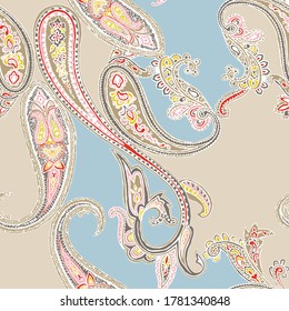 traditional floral seamless paisley pattern on blue and cream background