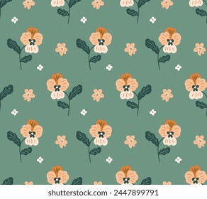 Traditional floral seamless pattern design. Vector flowers on mint green background. Simple stylish vintage botanical print for fabric design. Pansies illustration in hand-drawn style.