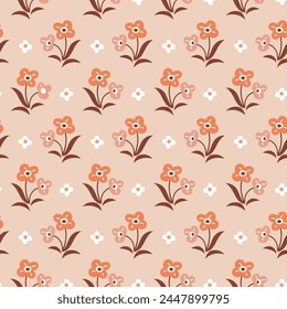 Traditional floral seamless pattern design. Vector flowers on pink peach background. Simple stylish vintage botanical print for fabric design