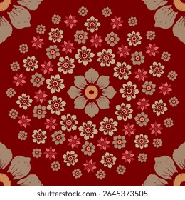 Traditional Floral Textile Pattern with Beige and Pink Blossoms Arranged in Symmetrical Circles on Deep Red Background — Vintage Decorative Design Ideal for Fabric, Wallpaper, and Digital Use