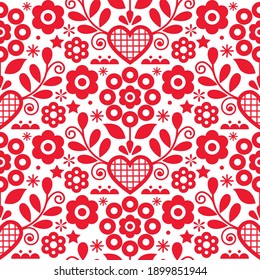 Traditional floral vector seamless red and white pattern perfect for textile or fabric print. Inspired by folk art from Nowy Sacz, Poland. Retro ornament or wallpaper with flowers and leaves