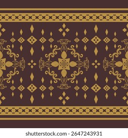 Traditional Flourish Scroll Ornament Geometric Luxury Design Medieval Border Pattern Golden Silk Filigree Element Brown Background. Beautiful Delicate Victorian Style for Embroidery Palace Royal Silk