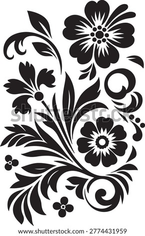 Traditional flower pattern, black silhouette floral arrangement, vintage botanical graphics, ornamental leaf design.