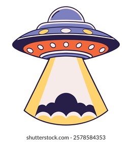 A traditional flying saucer beaming light down to the ground