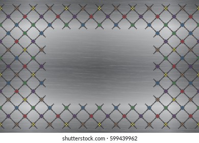Traditional folk art knitted embroidery pattern on silver metal background