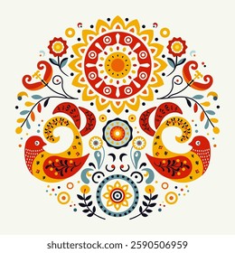 Traditional Folk Art Pattern with Decorative Birds, Ornamental Sun and Floral Elements. A vibrant vector illustration featuring a symmetrical folk art design for Maslenitsa