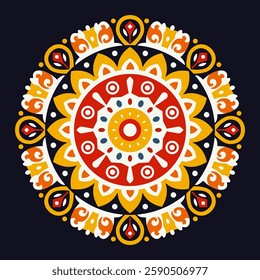 Traditional Folk Art Pattern with Decorative Ornamental Sun. A vibrant vector illustration featuring a symmetrical folk art design for Maslenitsa. Inspired by Slavic traditional motifs