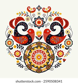 Traditional Folk Art Pattern with Decorative Birds, Ornamental Sun and Floral Elements. A vibrant vector illustration featuring a symmetrical folk art design for Maslenitsa