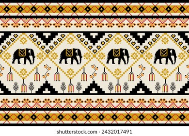 The traditional folk art style of the Thai Elephant Pixel pattern pixel style comes to life through its repeating ethnic elephant motifs and vibrant floral designs, creating a captivating visual tapes