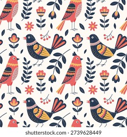 Traditional folk birds seamless pattern. Textured birds and flowers background. Cute pigeon and parrot pattern. 