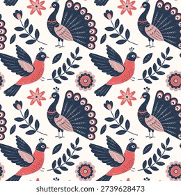 Traditional folk birds seamless pattern. Textured birds and flowers background. Cute peacock and songbird. 