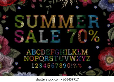 Traditional folk creative stylish stylish floral embroidery on the black background. summer Sale. Font alphabet numbers and symbols. Sketch for printing on clothing and fabrics. vector