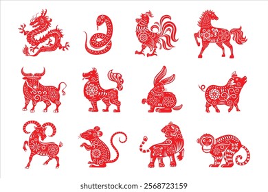 Traditional Folk Culture Chinese 12 Zodiac Papercut Vector for Spring Festival 