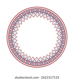 Traditional folk embroidery frame design in red and blue colors with copy space