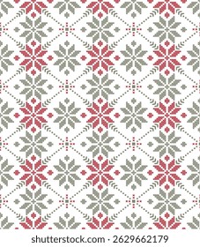 Traditional folk embroidery pattern with red and gray snowflakes on white.